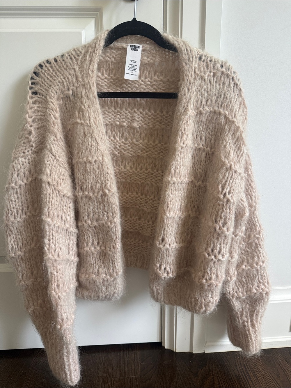 Frisson Knits - Fuzzy Open-Front Knit Mohair Bomber Cardigan - Cream